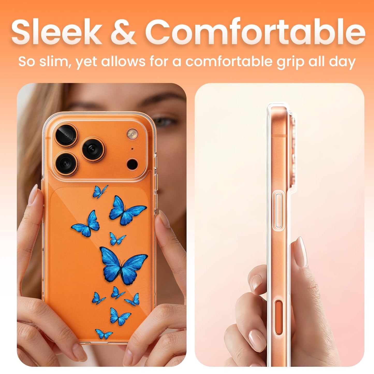 Cute Girly Crystal Clear Case Compatible with iPhone 16 Pro, Camera Control & Shockproof Protection Floral Case for Women, Blue Butterflies WN420