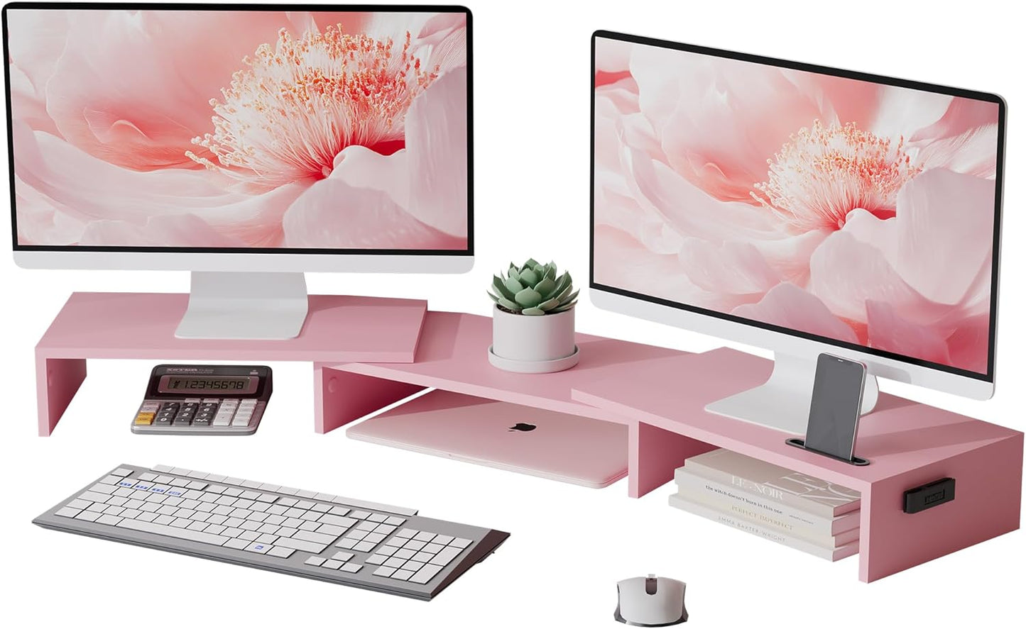 BONTEC Dual Monitor Stand Riser, Adjustable Length & Swivel Angle, Pink | Ergonomic Wooden Desktop Organizer with Smartphone Holder, Computer Monitor Stand for PC, Laptop, Printer and Large Storage BST202