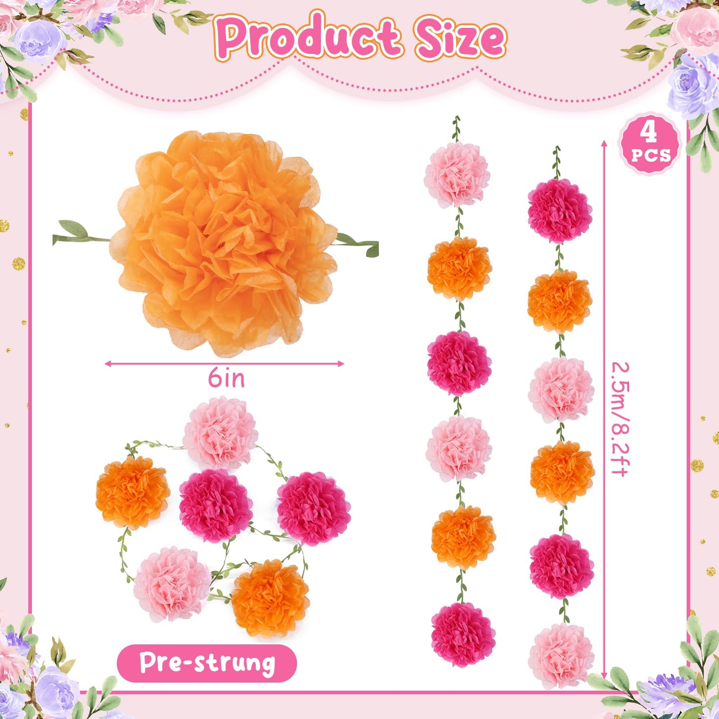 kreat4joy 4pack Pink Purple Tissue Paper Pom Poms Flowers Garland Leaf Ribbon 98.42inches Pre-Strung Reusable Ceiling for Birthday Baby Shower Wedding Bridal Shower Home Event Wall Party Decoration BST220