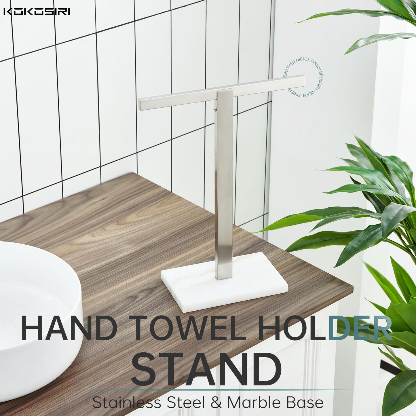 KOKOSIRI Hand Towel Holder Black Stand Towel Rack with Marble Base for Bathroom Kitchen Vanity Countertop, Stainless Steel 15.7'' Height THS0002-SM-BK BST202