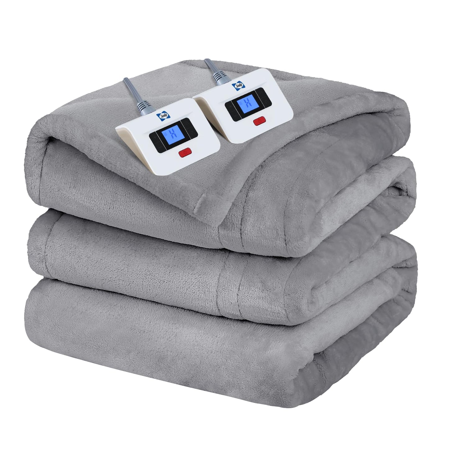 Sealy Heated Electric Blanket Queen Size, Flannel Electric Blanket with 10 Heating Levels & 1-12 Hours Auto Shut Off, Fast Heating Warming Blanket, Machine Washable, Grey, 84 x 90 Inch
