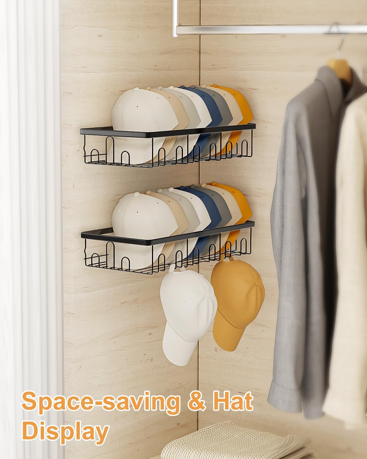 Hat Rack for Wall, 2 Pack Large Hat Organizer with More Hooks, Holds 56 Caps, Metal Wall Mounted Hat Holder for Baseball Caps, Closet Bedroom Kitchen Bathroom, Black WN420