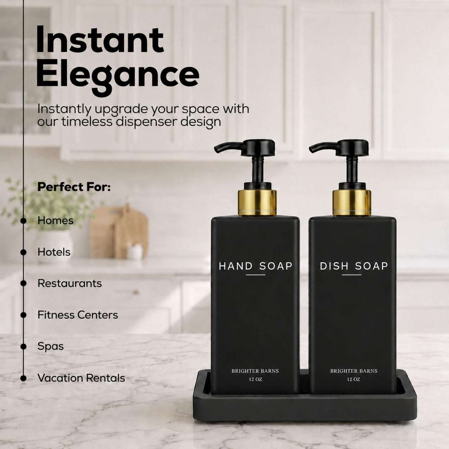 Glass Hand and Dish Soap Dispenser Set by Brighter Barns - Kitchen Soap Dispenser Set with Tray & Pump - Refillable Glass Bottles for Sink - Neutral Kitchen Accessories for Airbnb, Restaurants (Clear) BST326H