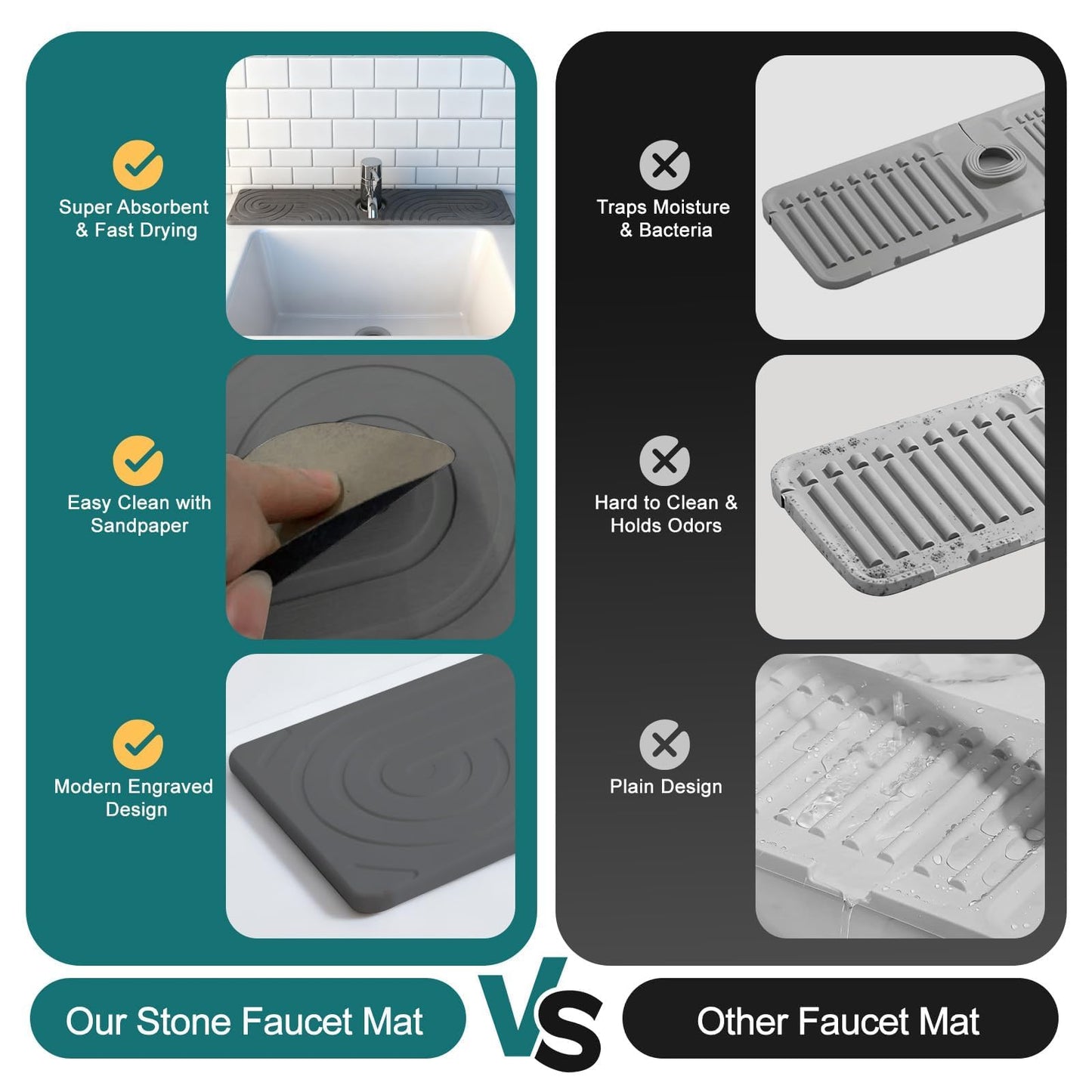 Hopegiver Stone Faucet Mat for Kitchen Sink - Fast Drying Diatomite Sink Protector Prevent Moisture, Super Water Absorbing Stone Tray for Kitchen & Bathroom Counter (White, 15.7"x3.9") BST326H