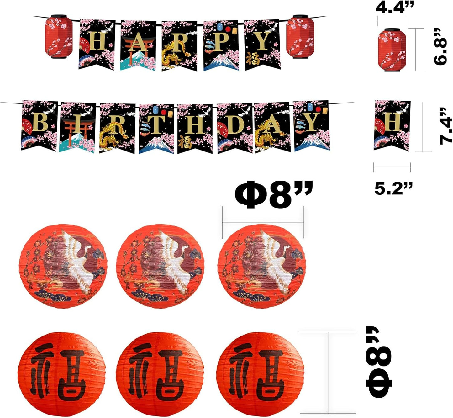 21Pcs Japanese Birthday Party Decorations Set, Happy Birthday Banner with Chinese Paper Lanterns, Black Gold Red Oriental Theme, Hibachi Party Decorations BST326H