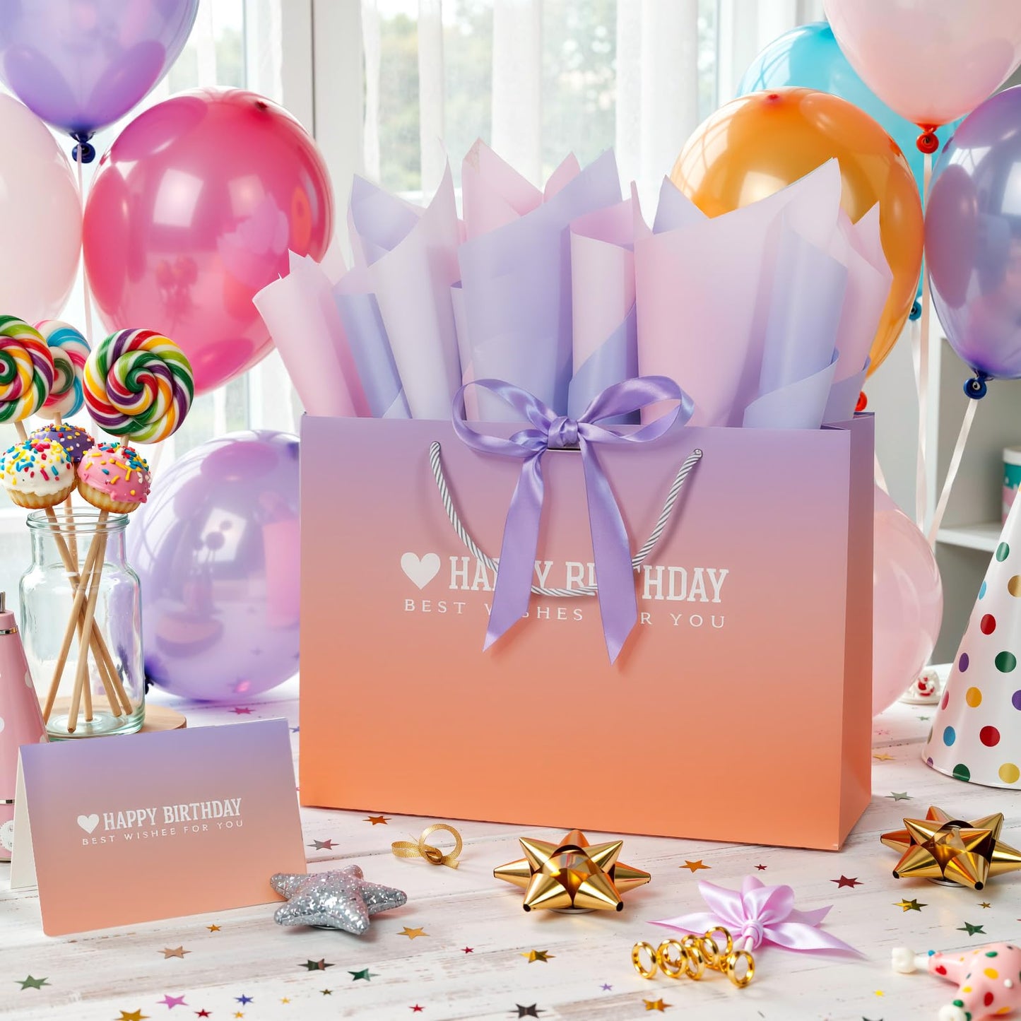 Kecorax Birthday Gift Bag for Women, 14" Large Birthday Bags Set for Girls with Tissue Paper, Card and Ribbons, Suitable for Birthday-themed Parties BST220