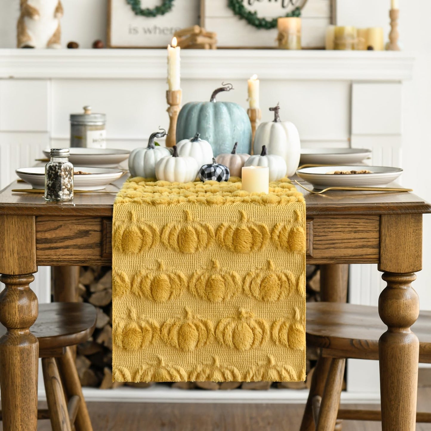 Halloween Pumpkin Table Runner Quilted Plush 3D Table Runners Fall Autumn Ivory Halloween Runners for Tables Kitchen Dining Decorations Party Supplies 13x37 Inch WN420