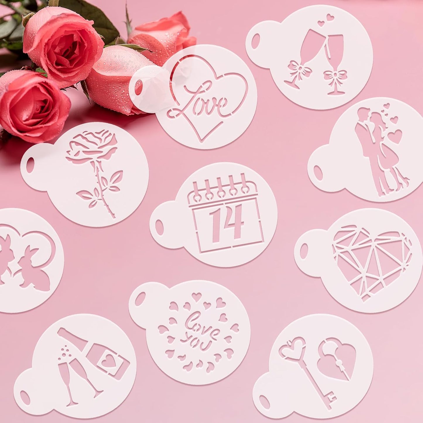 Konsait 20 Pack Valentine's Day Cake Stencils Reusable Coffee Cookie Decorating Stencils Mold Tools for Hot Cocoa,Dessert,Mousse and Cappuccino BST326L