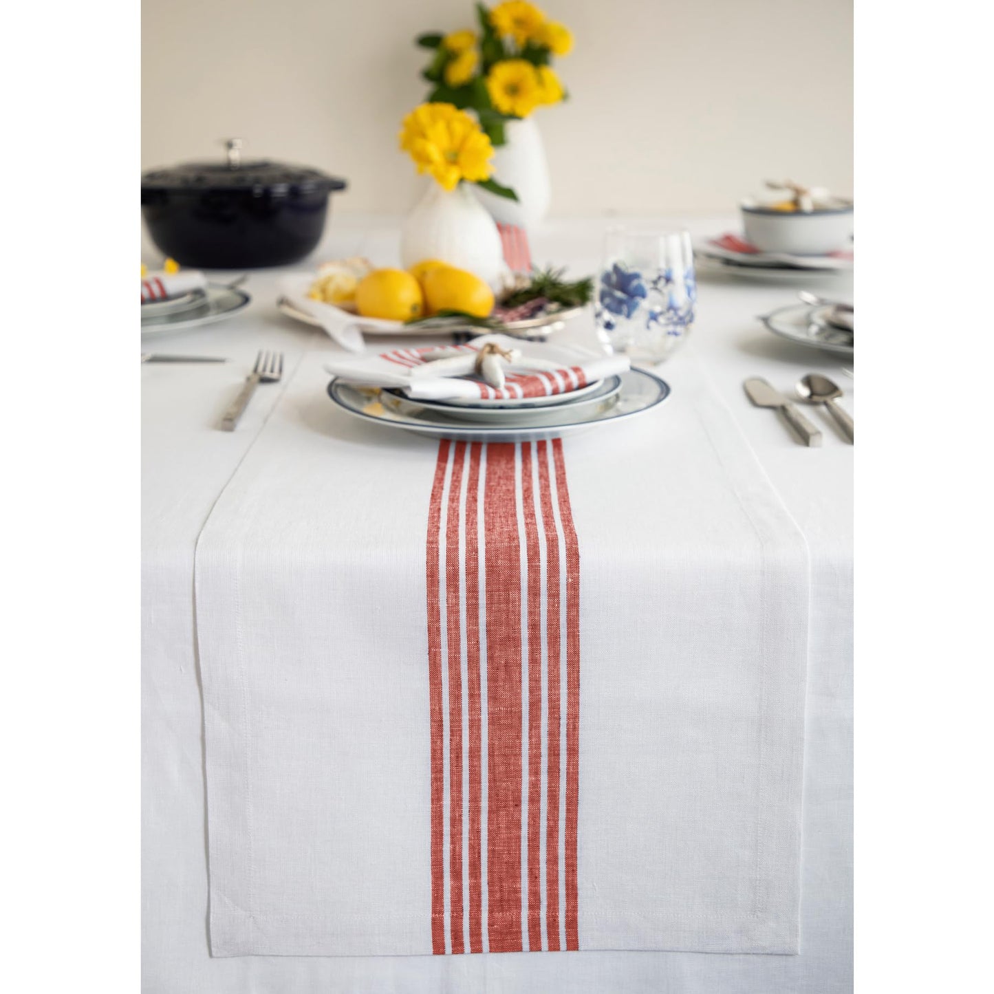 Solino Home 100% Linen Table Runner, 14 x 60 in, Black and White Striped | Farmhouse Table Runners for dining, console and side tables; vintage grain sack centre stripe; Pure Linen; OEKO-TEX Certified BST326SOLH