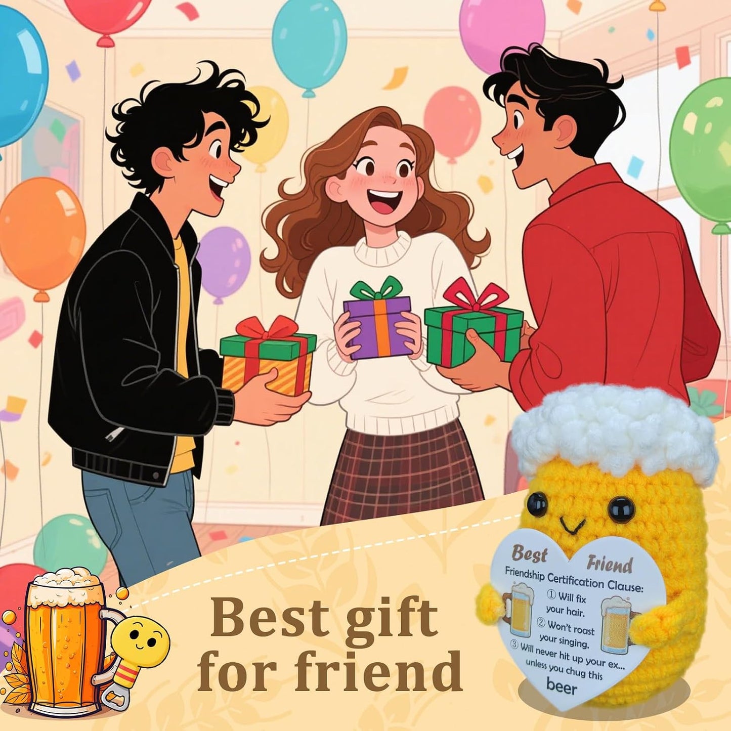 Easter Friendship Crochet Beer Gift Handmade Mini Desktop Decor, Easter Basket Stuffer & Bar/Counter/Wine Cabinet Accent for BFF/Coworker/Teammate/Boss (Men/Boys) BST220