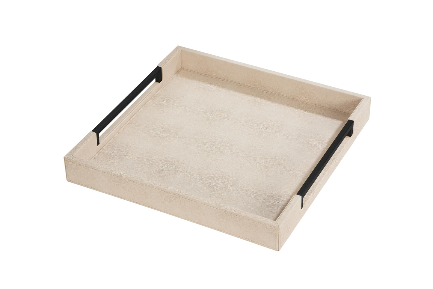 Sagala 16"x16" Ivory Shagreen Leather Serving Tray with Handles for Ottoman Coffee Table, Stylish Decorative Tray for Living Room Modern Home Decor (Ivory-Black, Square 16") BST220
