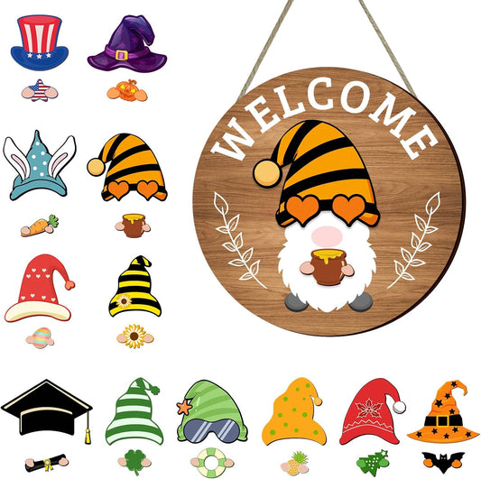 Interchangeable Seasonal Welcome Sign Front Door Decoration,Rustic Round Wood Wreaths Wall Hanging Outdoor Decor for Spring Summer Autumn and Winter All Seasons Holiday Halloween Christmas(Elf) BST326H