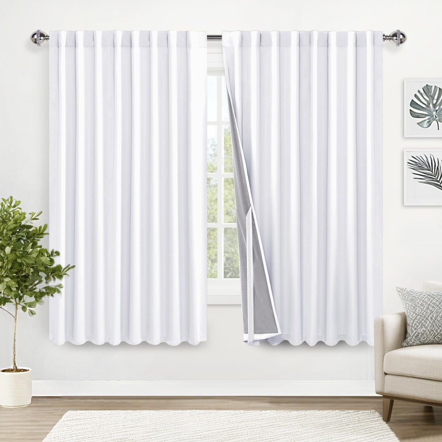 XWZO White Blackout Curtains with Tiebacks - Rod Pocket & Back Tab Heat and Full Light Blocking Window Panels for Bedroom/Nursery, 84 Inches Long Thermal Insulated Draperies, W42 x L84, Set of 2 BST326H