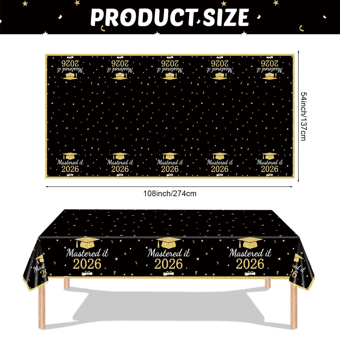 3PCS Mastered It Graduation Tablecloth Black Gold Congrats Grad Table Cover Plastic Master's Graduation Party Supplies for Class of 2026 Master College Disposable Decorations WN420