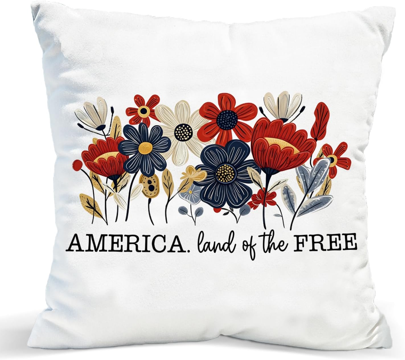 Patriotic Pillow Covers 18x18, 4th of July Throw Pillow Covers, America Land of the Free Floral Decor, Red White Blue Wildflower Pillow Case, Independence Day Gifts for Women Sofa Decor BST326L