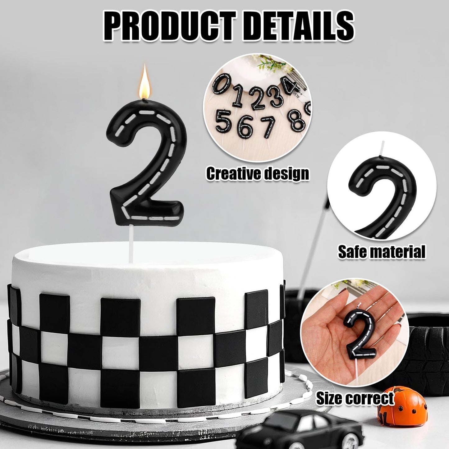 Birthday Number Candles, Black White Numeral Birthday Candles Racing Cars Themed Cake Decoration Cake Topper for Bday Anniversary Wedding (Number 2) BST326L