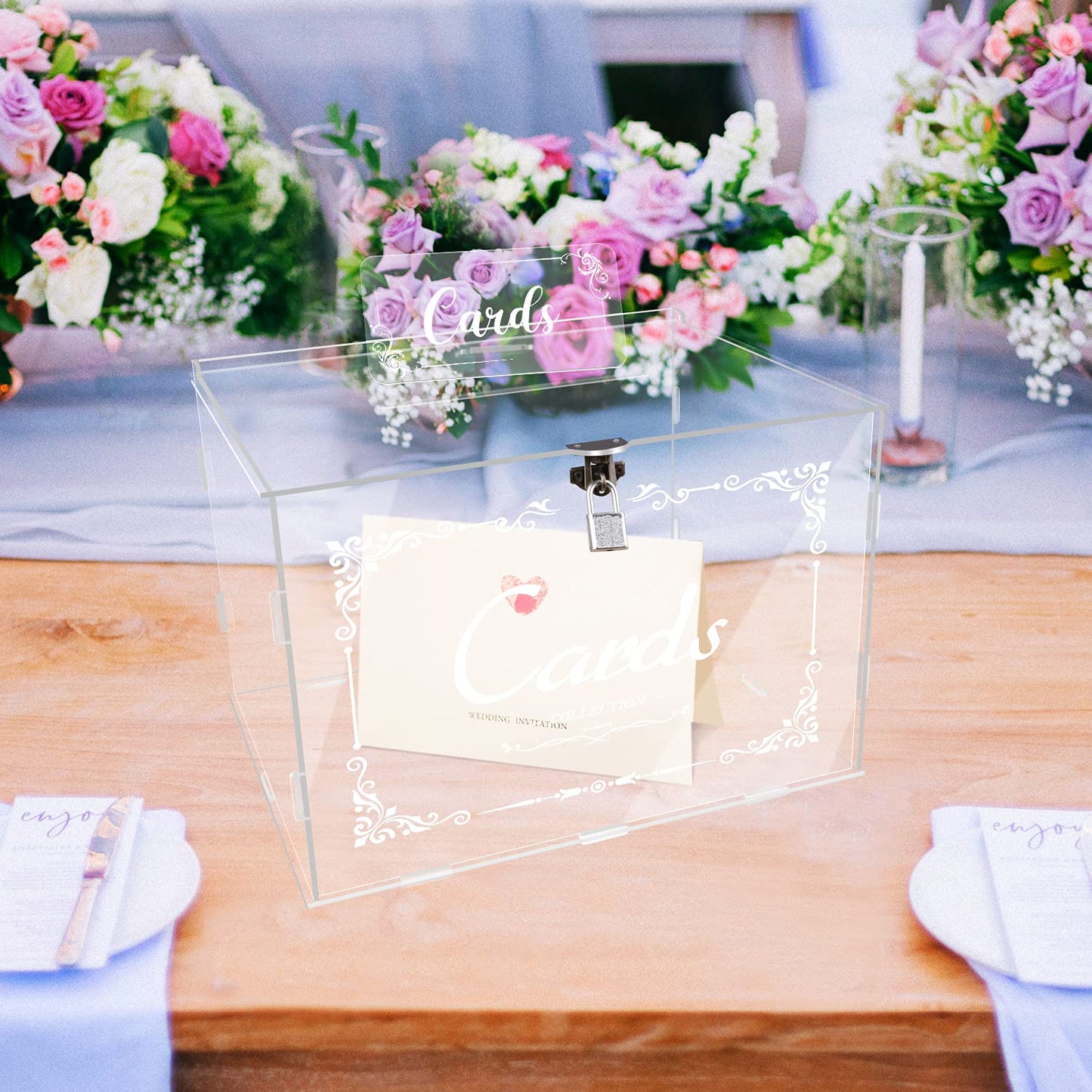 Fowecelt Acrylic Wedding Card Box with Lock Black Card Box DIY Large Rustic Card Box for Wedding Reception Bridal Shower Birthday Baby Shower Party Graduation Decorations (10x10x10 Inch) BST326H