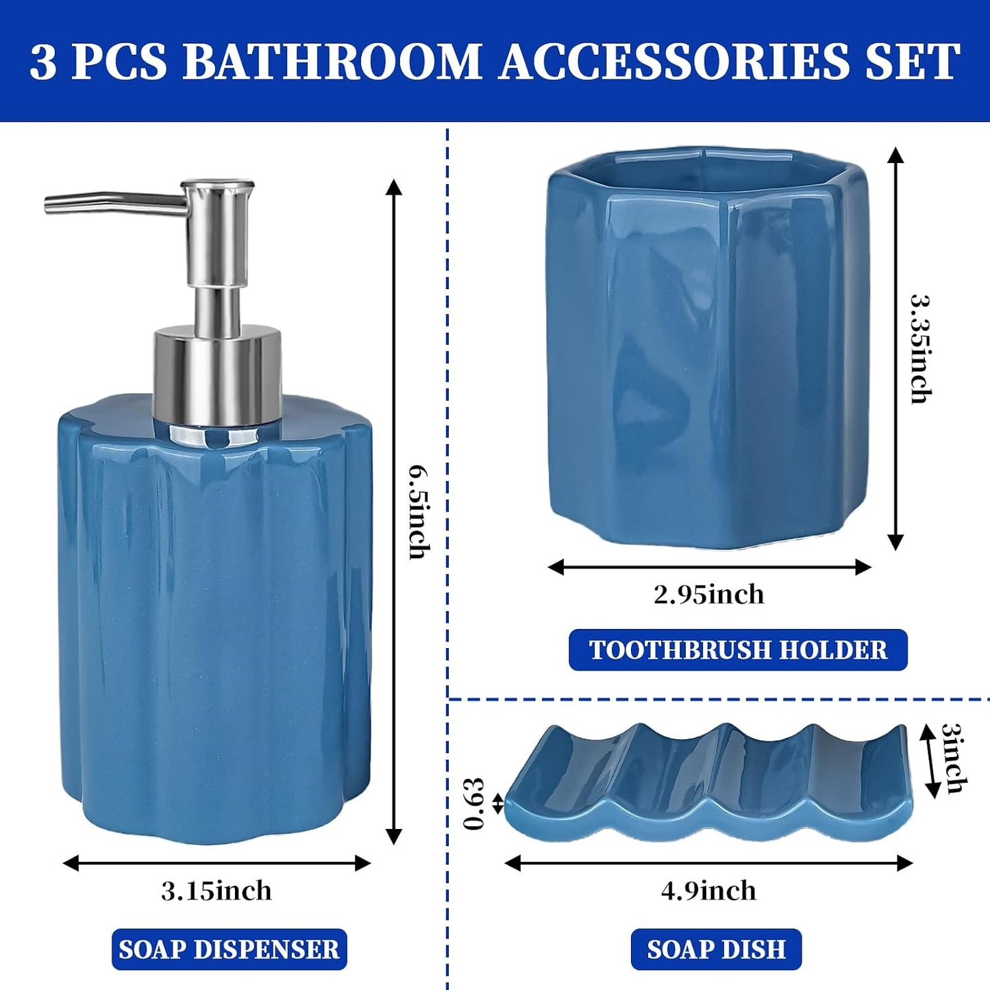 Ceramic Bathroom Accessories Set, Amaauto 3-Piece - Blue Soap Dispenser, Toothbrush Holder & Soap Dish | Modern Bathroom Decor for Countertop Organization BST202