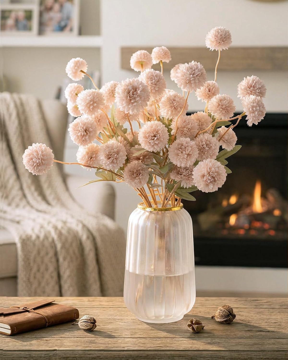 Beige Faux Silk Mums Artificial Flowers, 8Pcs Fall Fake Kiku Small Mini Chrysanthemum Pom Pom Stems for DIY Bouquets Centerpieces Vase Autumn Home Decorations Floral Arrangement BST202