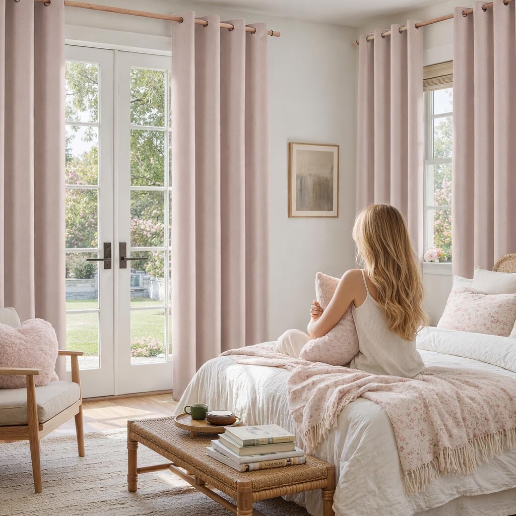 HOMEIDEAS 100% Ivory Cream Linen Blackout Curtains for Bedroom, 52 x 96 Inch Length 2 Panels Faux Linen Thermal Insulated Black Out Grommet Window Drapes for Living Room BST202