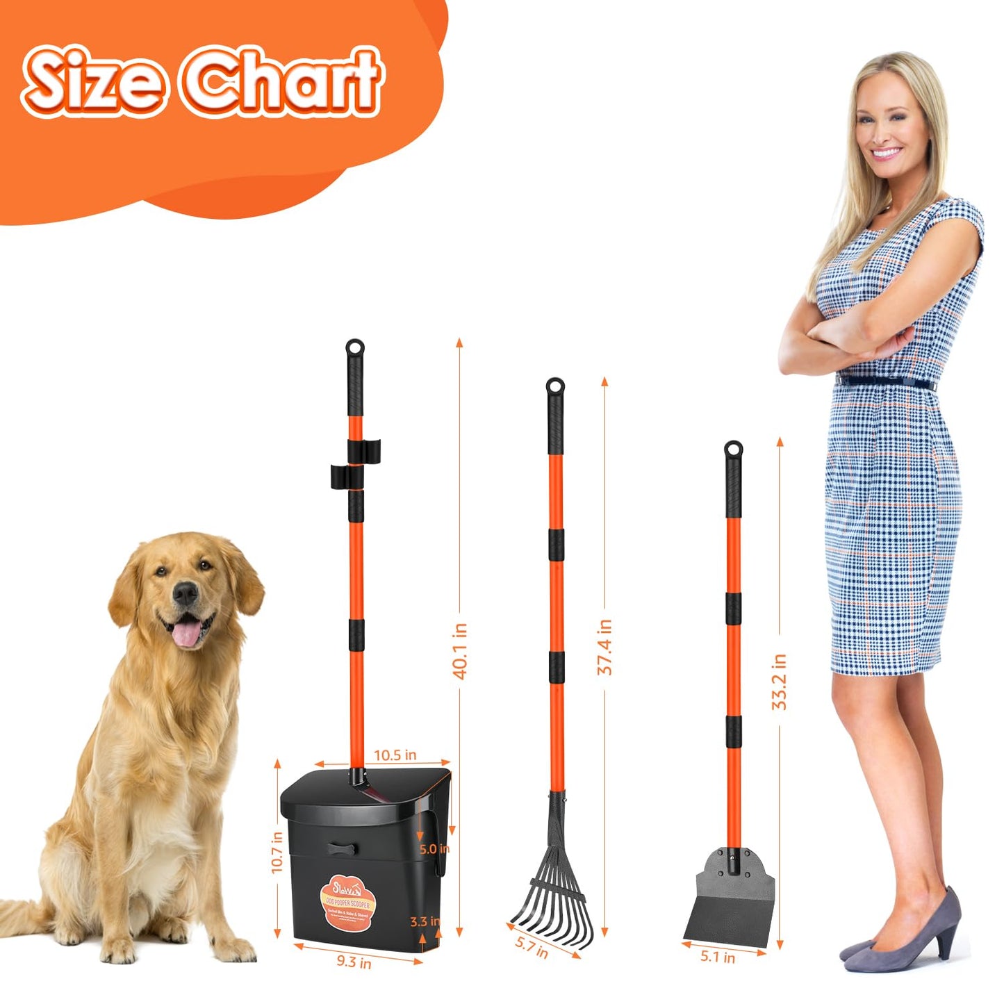 SlowTon Dog Pooper Scooper - 37.4" Long Metal Handle Adjustable Rake & Spade & Swivel Bin with 10 Waste Bags, Portable Pooper Scooper N3233