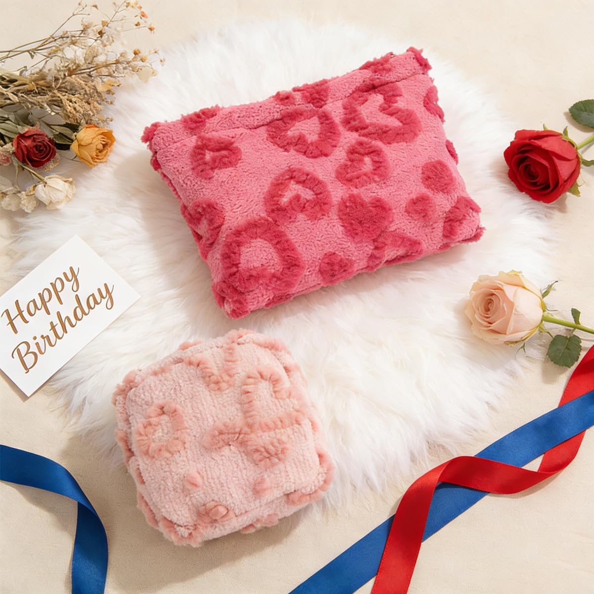 2 PCS Fluffy Heart Makeup Bag Cute Plush Coin Wallet Fashion Cosmetic Organizer Pouch with Zipper Portable Travel Make up Toiletry for Women Girls Valentine's Day Mother's Day, Birthday（Large + Small） BST326L