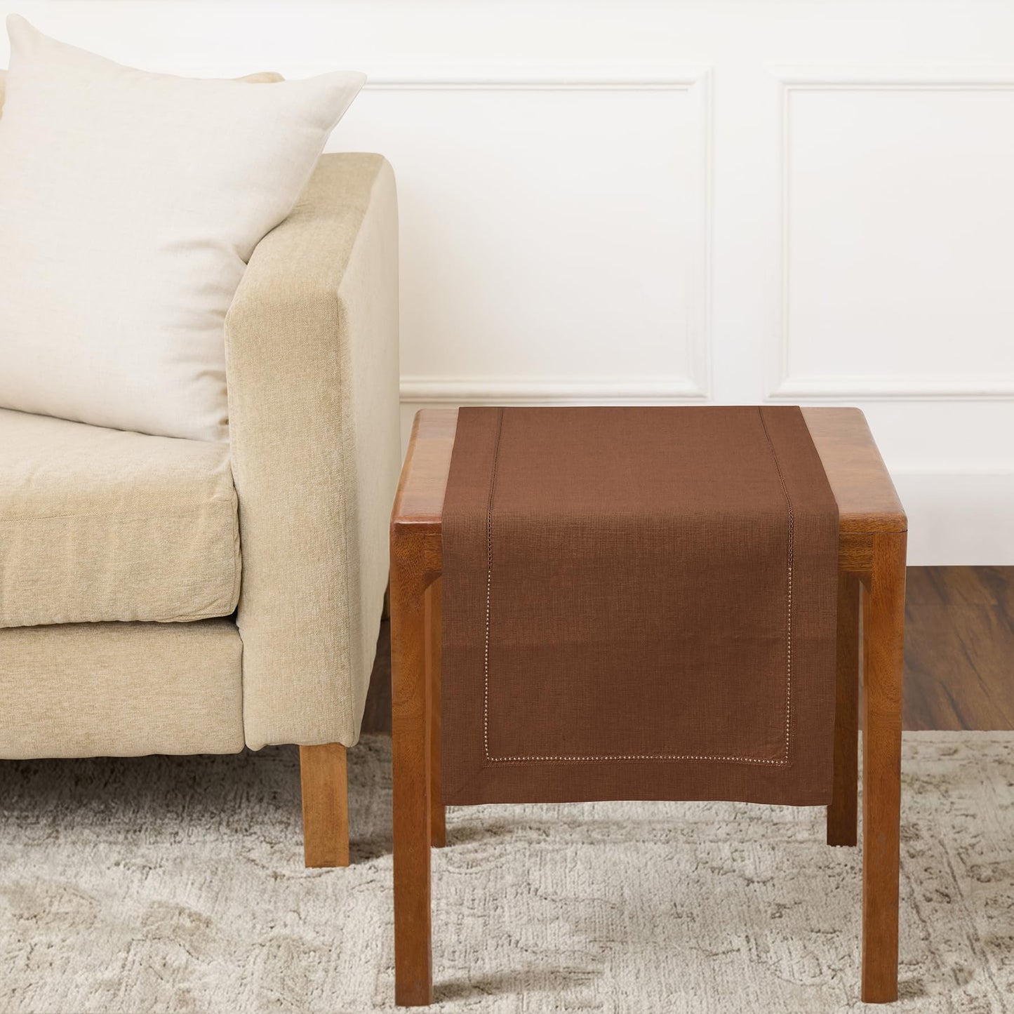 Solino Home 100% Pure Linen Table Runner Garden Green Hemstitch, 14 x 48 in | Classic Hemstitch Table Runners for dining, hallway and console table styling | hand hemstitched borders | OEKO-TEX Certified BST326SOLH
