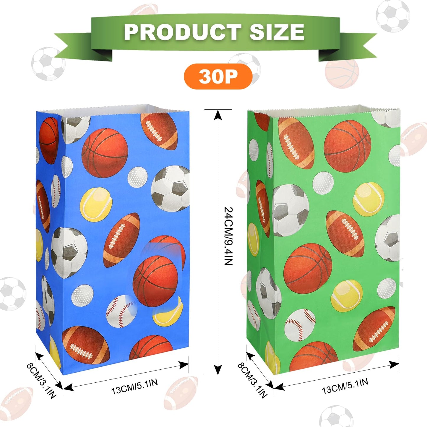 Pinsit 30PCS Paper Sports Party Favors Bags, Baseball Party Bags, Soccer Baseball Football Basketball Goodie Bag without Handles, Treat Candy Bag for Birthday, 9.45 x 5.12 x 3.15 Inches(White + Green) BST220