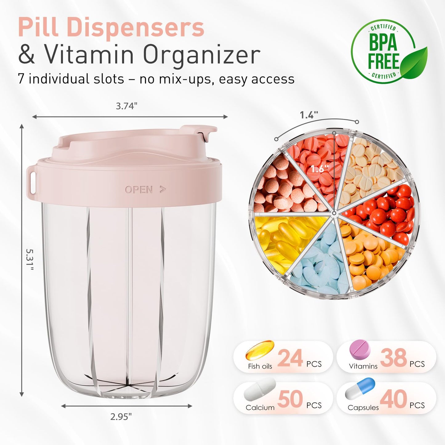 Pill Dispenser with 7 Large Compartments - Portable Pill Organizer for Travel, Anti-Mix Design & Wide Opening Design, Easy Access to Vitamin Dispenser, Includes 20 Blank Stickers (White) WN420