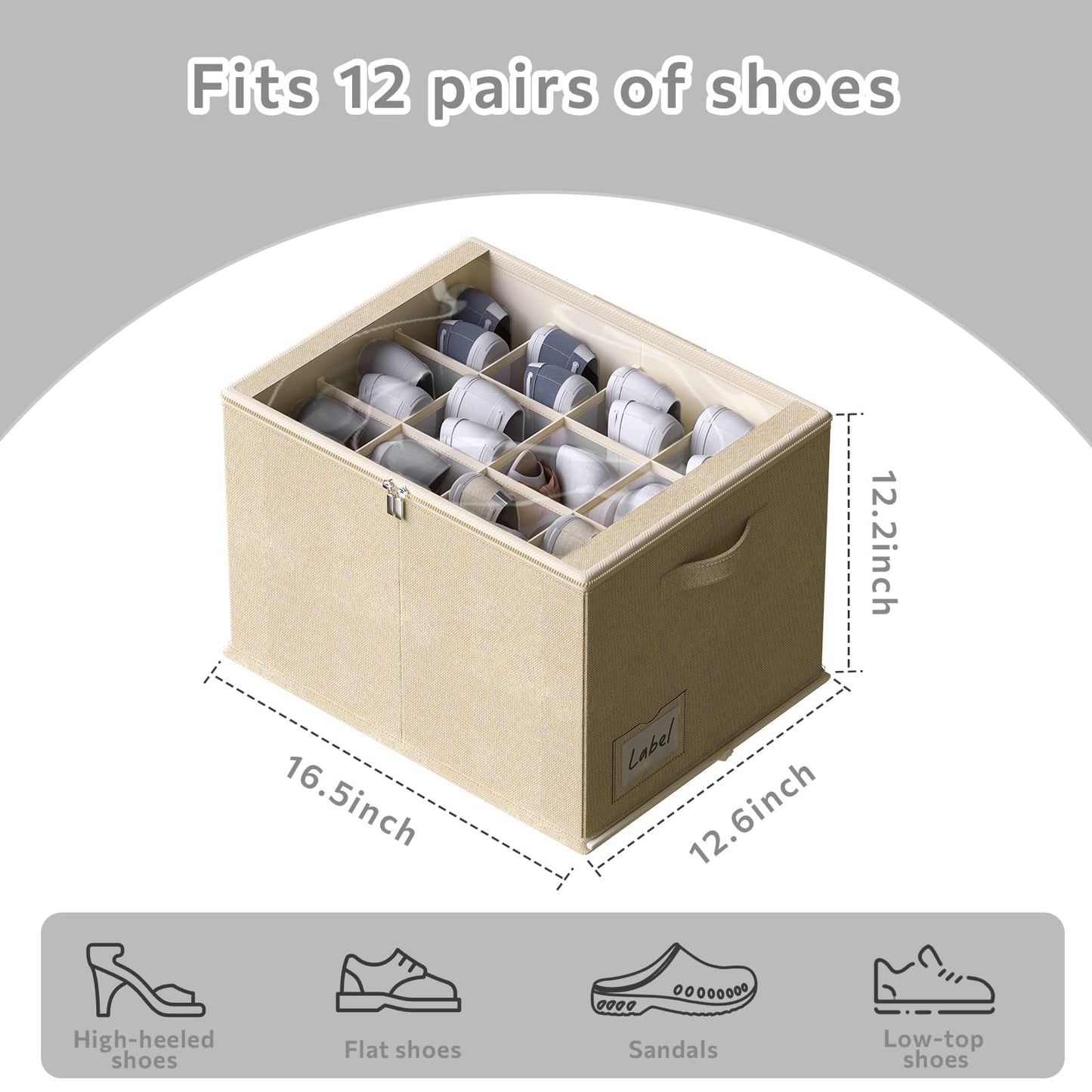 2 Pack Shoe Organizer for Closet - Shoe Storage Bins with Clear Cover, Fabric Shoe Storage Containers with Reinforced Handles, Fits up to 24 Pairs (Black, 16.5 * 12.6 * 12.2in) BST326H