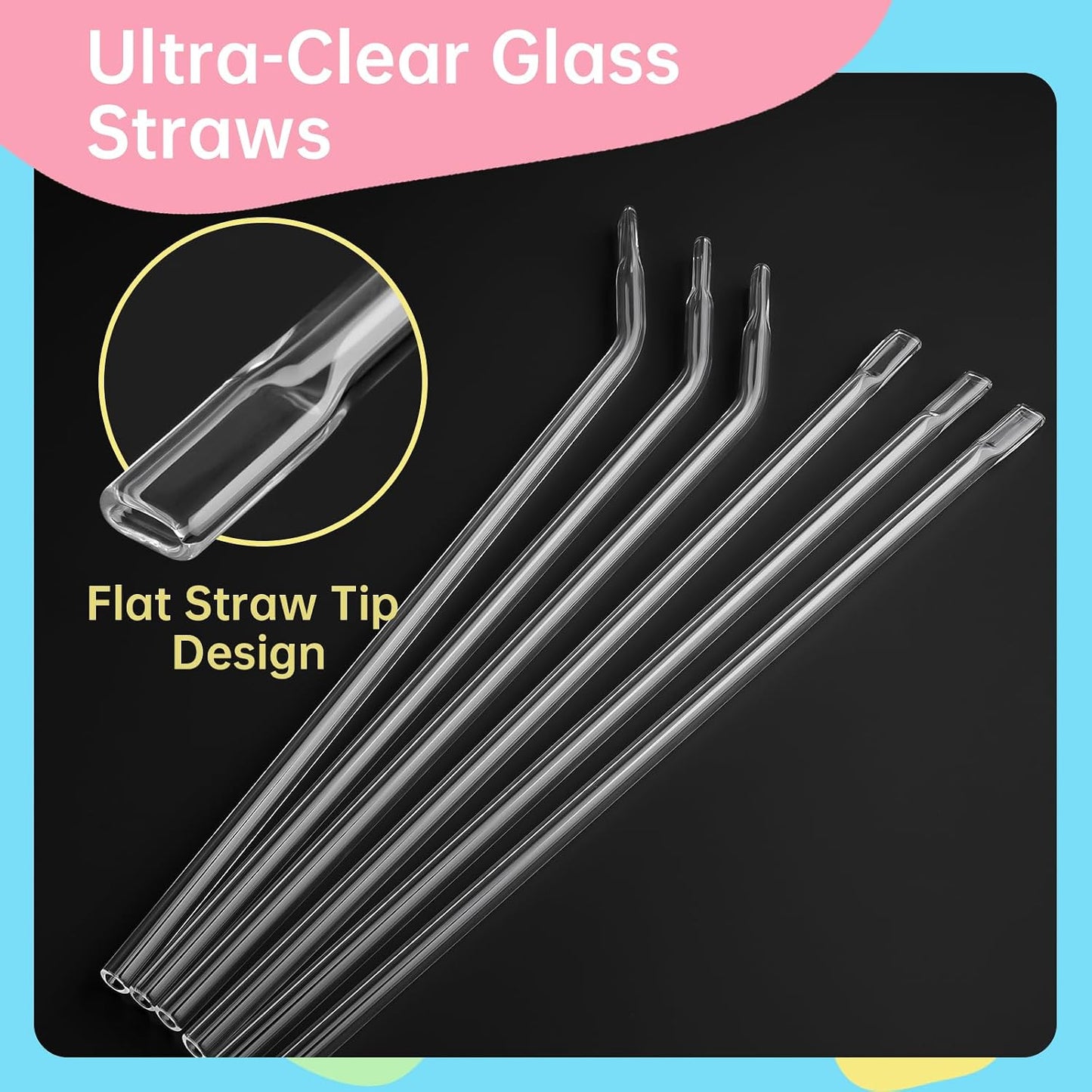 NiHome 6PCS Reusable Anti-Wrinkle Glass Straws Fit for Stanley 30 40oz Cups | 12" Long Flat Tip Wrinkle Free Straws, No Wrinkle Glass Drinking Straws 3 Straight & 3 Bent Set, Dishwasher Safe (Clear) BST326H