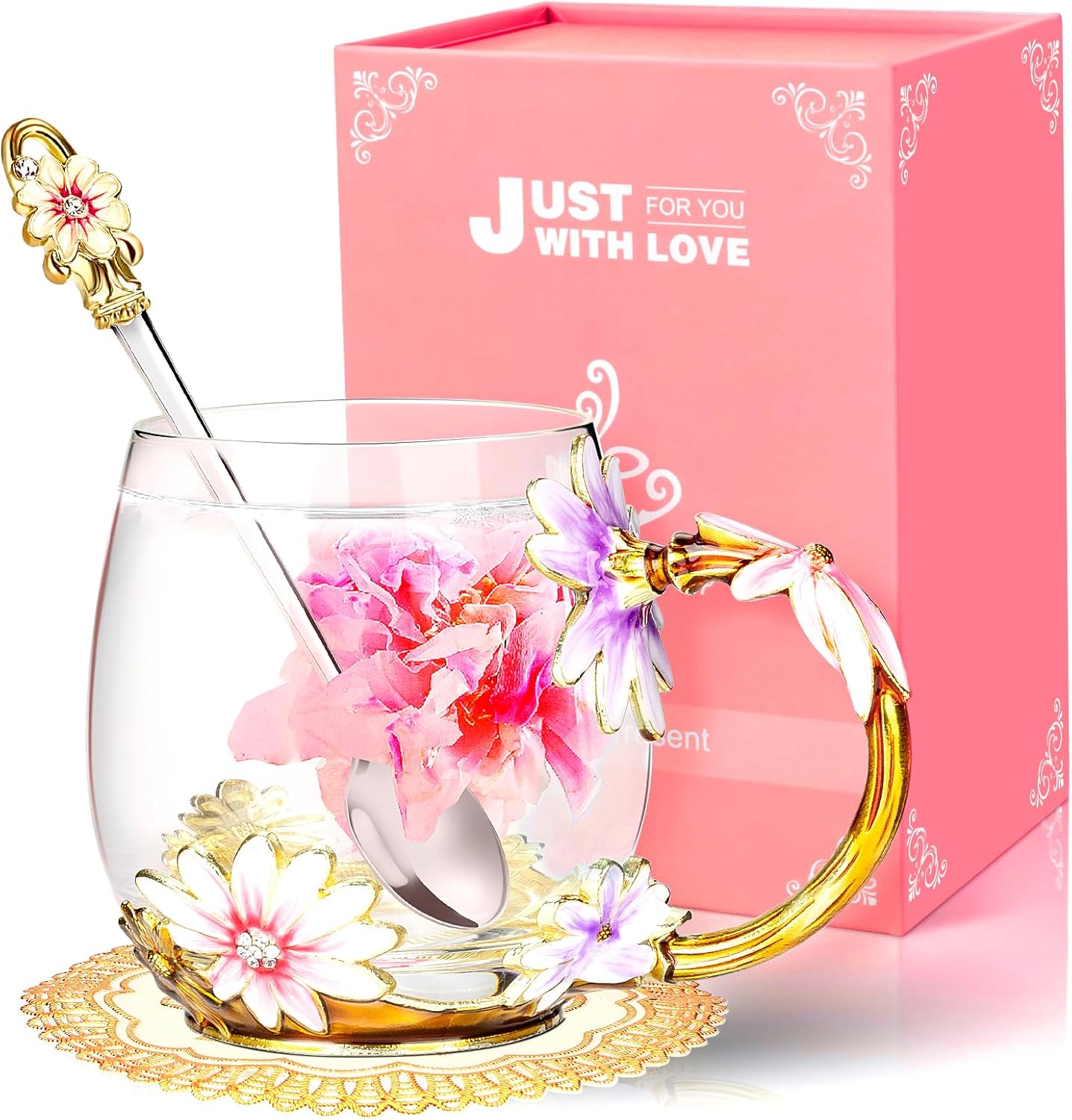 Wisolt Birthday Gifts for Women Mothers Day Gifts for Her Mom Grandma Teacher Friend Anniversary Christmas Valentines Day Glass Coffee Mug with Spoon BST326H