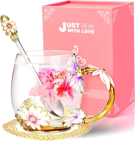 Wisolt Birthday Gifts for Women Mothers Day Gifts for Her Mom Grandma Teacher Friend Anniversary Christmas Valentines Day Glass Coffee Mug with Spoon BST326H