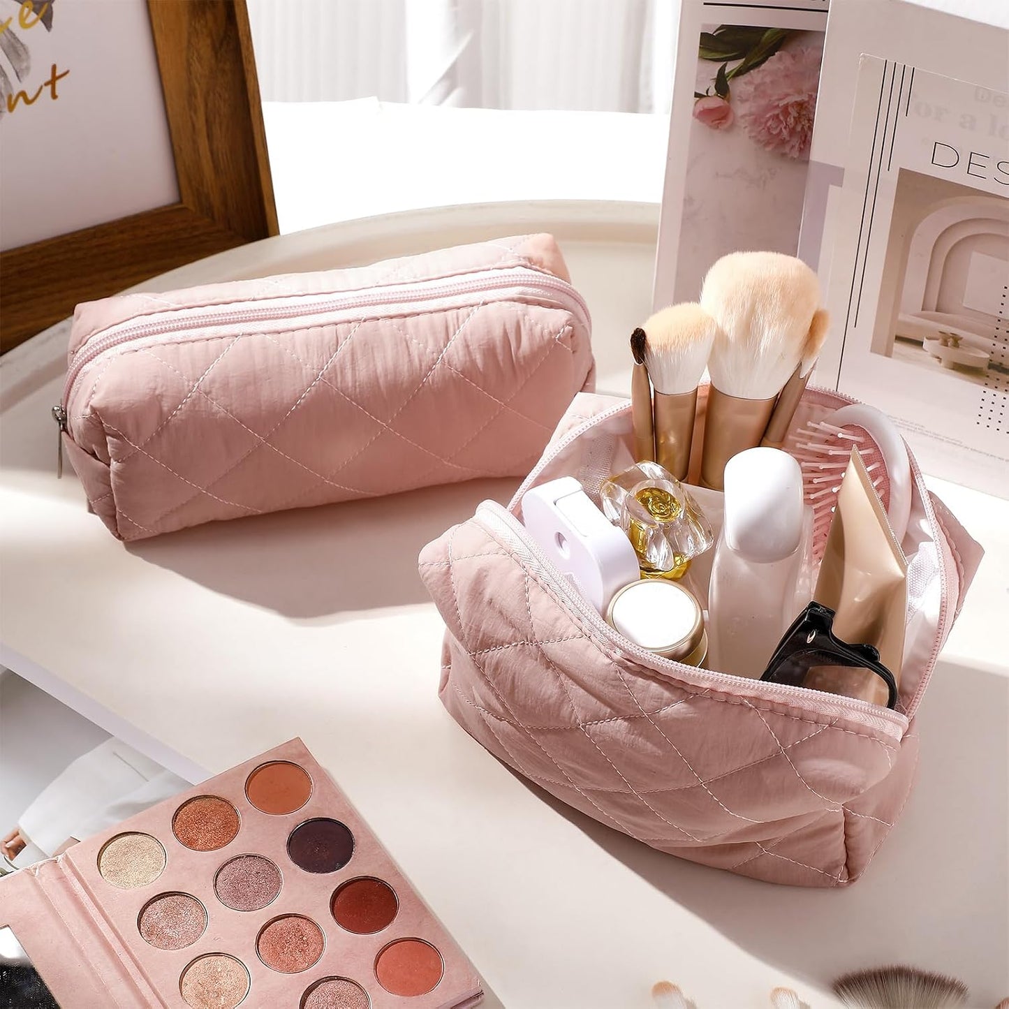 2 Pcs Puffy Makeup Bag Quilted Cosmetic Pouch for Women Cute Puffer Makeup Organizer Compact Toiletry Bags Preppy Pencil Case with Zipper Winter Gift for Women Girlfriend(Pink) WN420