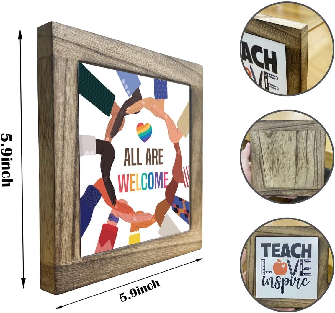 Welcome Sign - All Are Welcome, Wooden Plaque, Table Art, Diversity & School Classroom Decor, Farmhouse Style Home & Office Desk Decor BST202