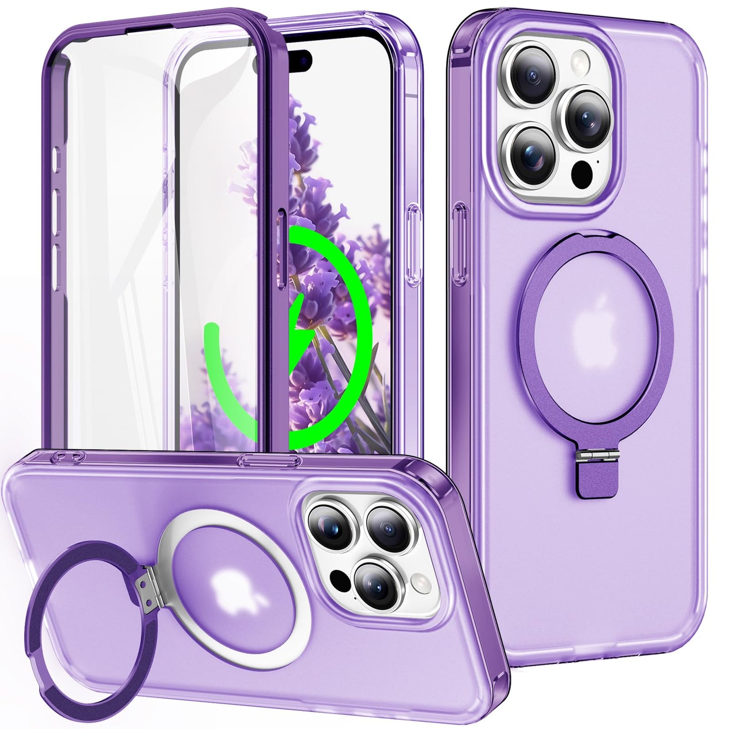 for iPhone 13 Pro Full Body Shockproof Case with Magnetic Invisible Stand [Compatible with MagSafe] Built-in Screen Protector Military Drop ProtectionTranslucent Phone Cover -Hot Pink WN420