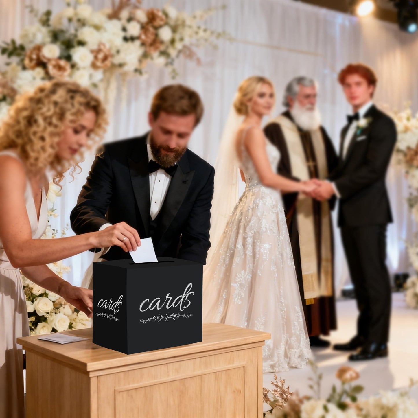1 Pack White and Gold Wedding Card Box for Party Graduation Bridal Baby Shower Retirement Decorations Cardboard Birthday Card Holder Raffle Ballot Voting Box with Slot 7.8 x 7.8 x 7.8 In BST220