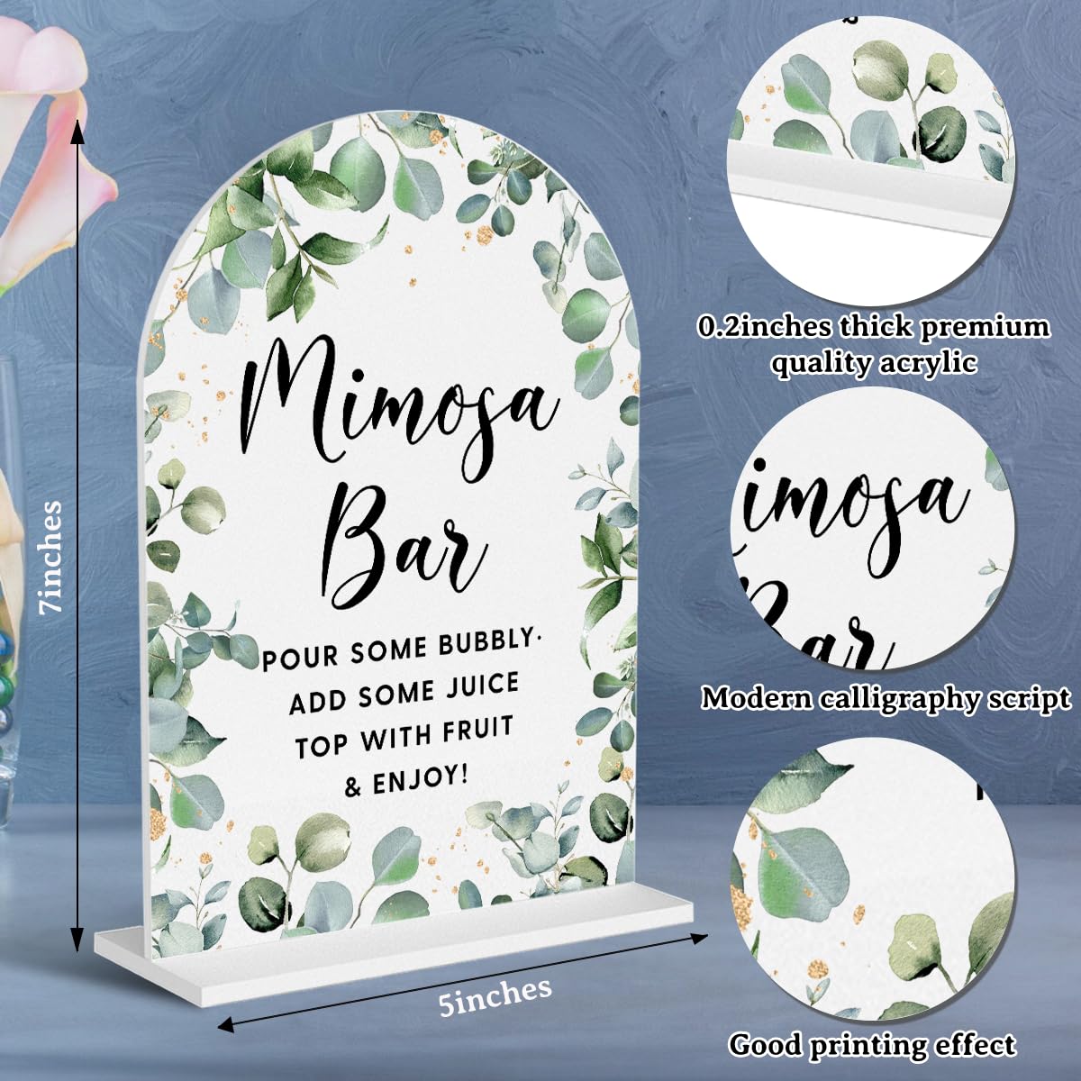 Acrylic Wedding Signs, Bubble Send Off Signs for Marriage Reception, Bridal Shower Decorations, Modern Arched Round Top Acrylic Table Top Sign with Holder for Wedding Party (White Eucalyptus Leaves) BST326L