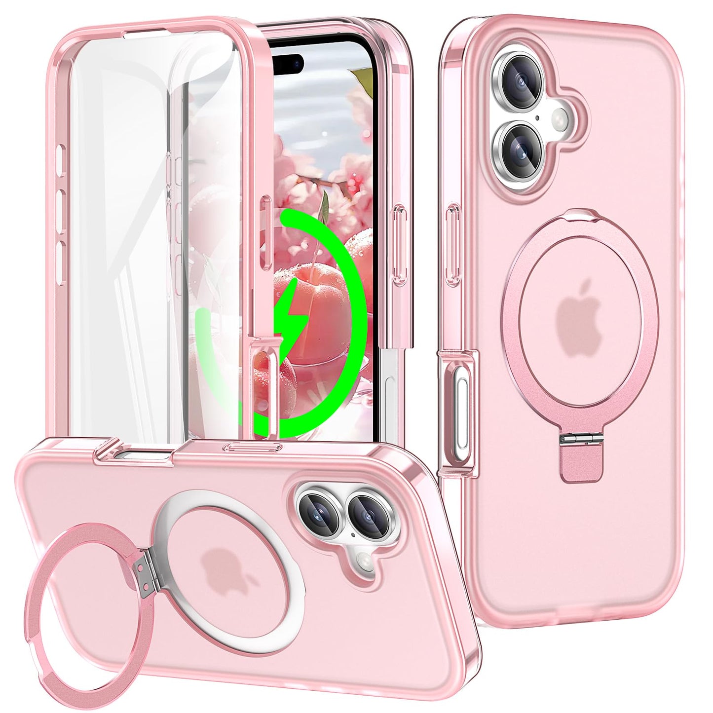 for iPhone 13 Pro Full Body Shockproof Case with Magnetic Invisible Stand [Compatible with MagSafe] Built-in Screen Protector Military Drop ProtectionTranslucent Phone Cover -Hot Pink WN420