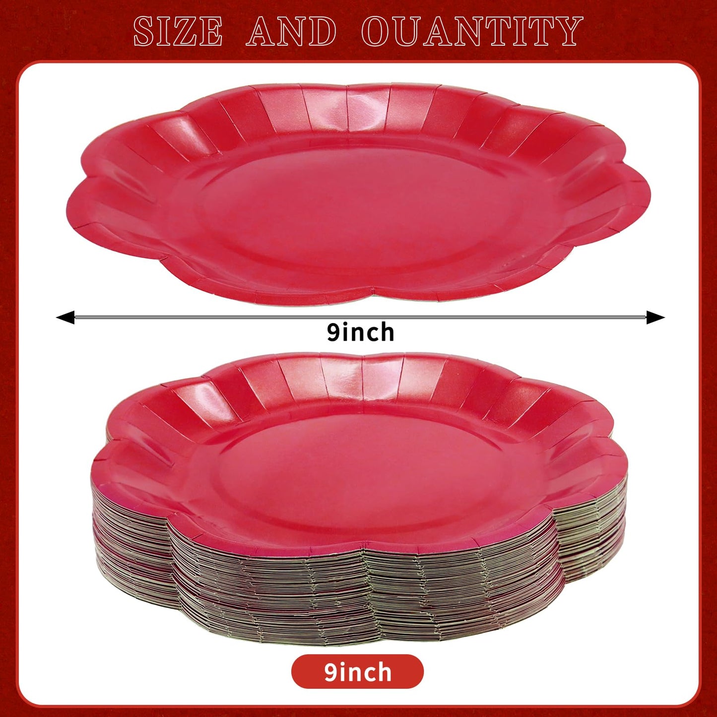Red Plates Party Supplies,9 inch Red Paper Plates Disposable Scalloped for Birthday Cake Plate Baby Shower Dinner Wedding Dessert Valentines Day Party BST220