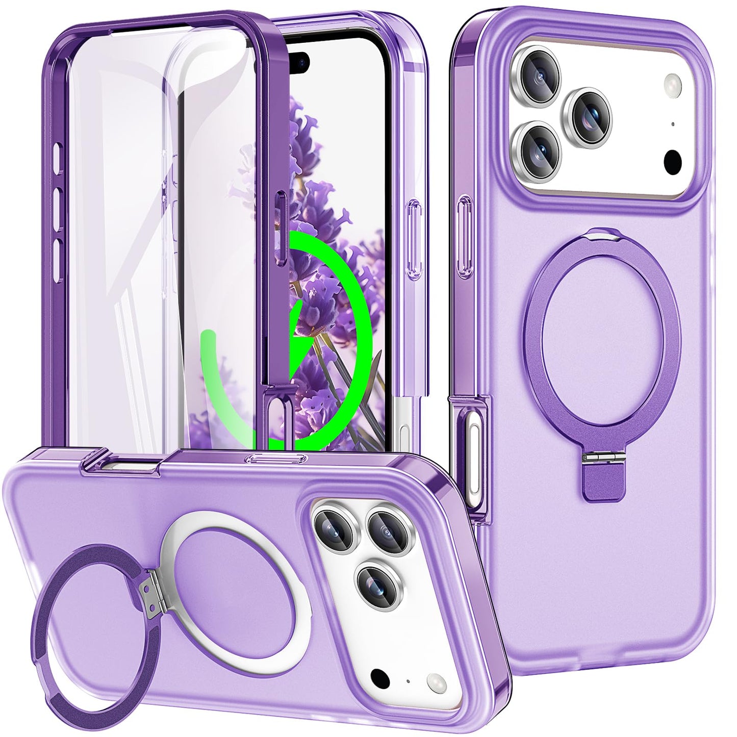 for iPhone 13 Pro Full Body Shockproof Case with Magnetic Invisible Stand [Compatible with MagSafe] Built-in Screen Protector Military Drop ProtectionTranslucent Phone Cover -Hot Pink WN420