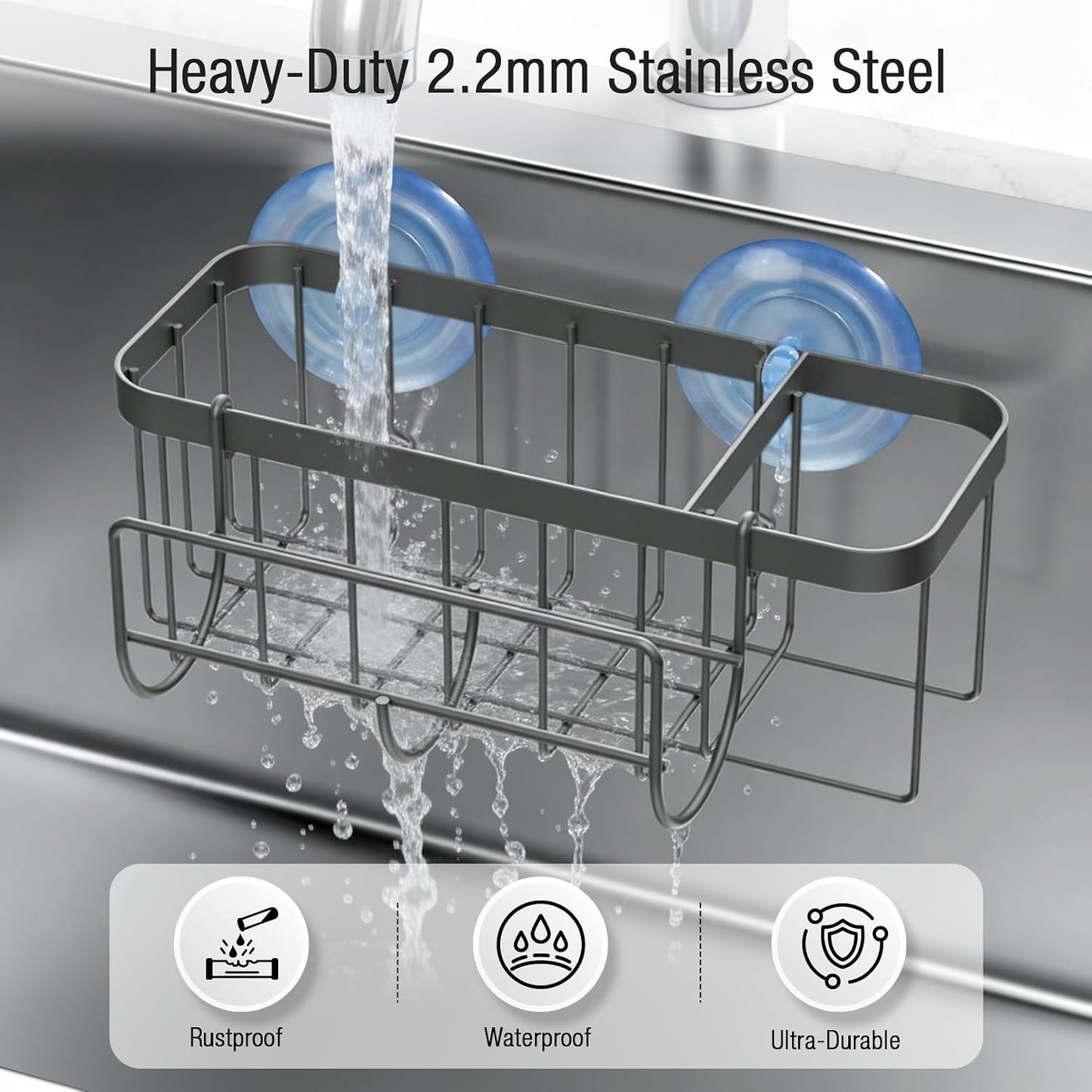 3-in-1 Kitchen Sink Caddy Organizer with Sponge Holder, Brush Holder, Extra Rack for Scrubber, Sink Stopper, Dish Cloth Hanger - Strong Dual Suction Cup, 2.0mm SUS304 Stainless Steel - Grey WN420