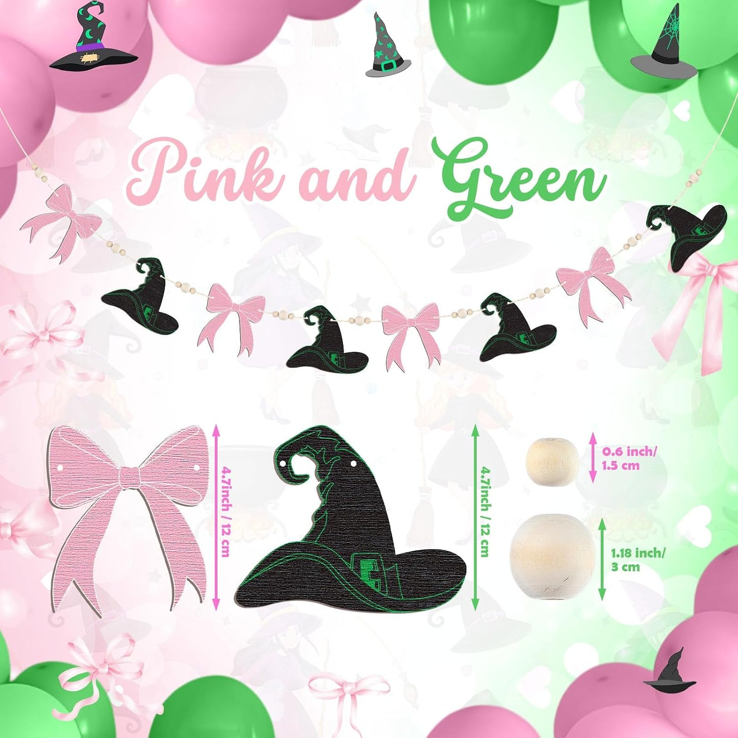 Oudain Pre-Strung Halloween Witch Garland Banner Pink and Green Birthday Party Decorations for Witch Themed Mantel Wall Home Office Indoor Halloween Party Decor BST202