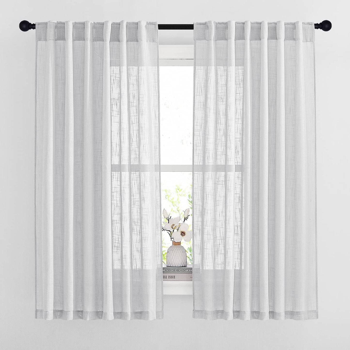 NICETOWN White Semi Sheer Kitchen Curtains 30 inch Length, Rod Pocket & Back Tab Faux Linen Blend Privacy with Light Filtering Window Drapes for Cafe, W34 x L30, 2 Panels BST220