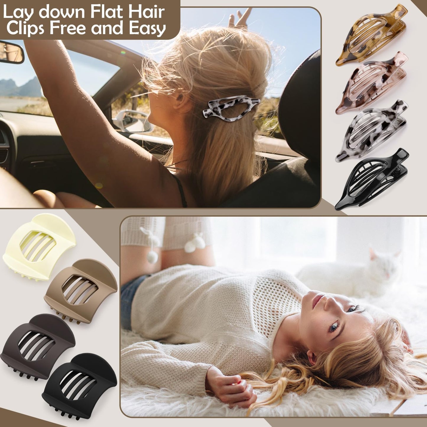 8 Pcs Flat Hair Clips for Women, 2 Styles Large Flat Claw Clips for Women, Strong Hold Non-slip French Hair Clips for Thick Thin Hair, Neutral Color WN420