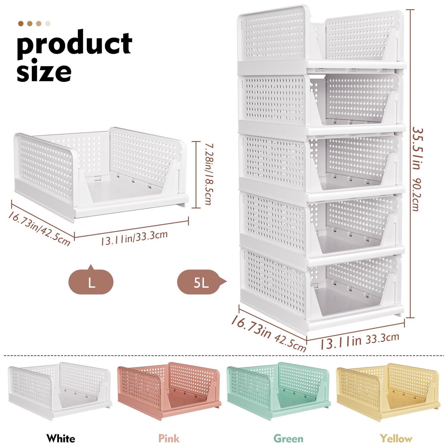 SNSLXH 5 Pack Stackable Closet Storage Basket, Multifunctional & Foldable Closet Organizer N28