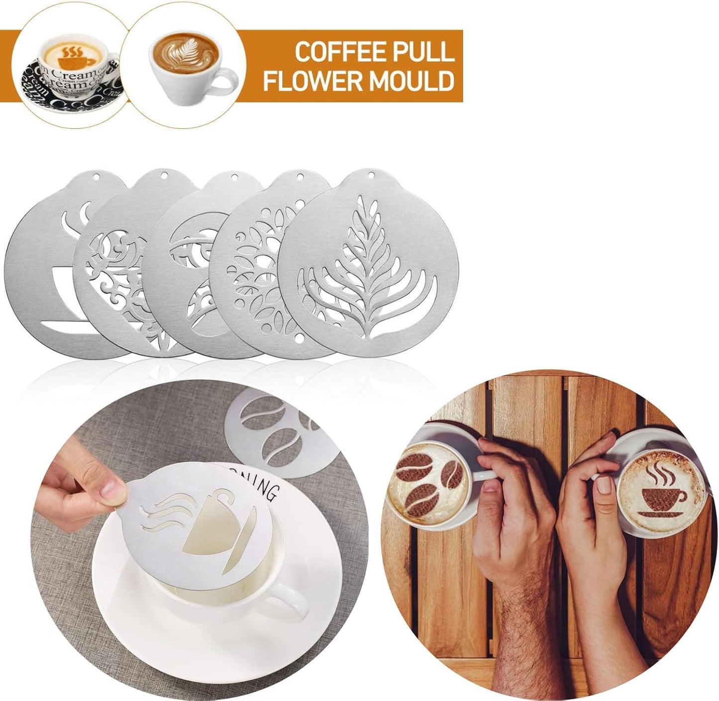 5Pcs Stainless Steel Coffee Decorating Stencils Metal Foam Latte Art Templates, Reusable Barista Cappuccino Chocolate Templates Coffee Garland Mould Cake Decorating Tool BST220