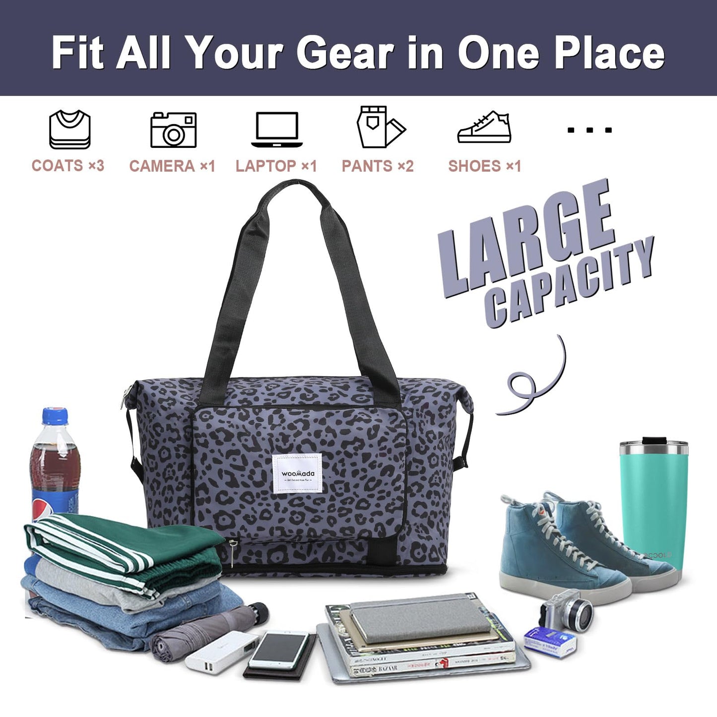 WOOMADA Foldable Travel Duffel, Weekender & Carry-On Bag with Expandable Space BST326H