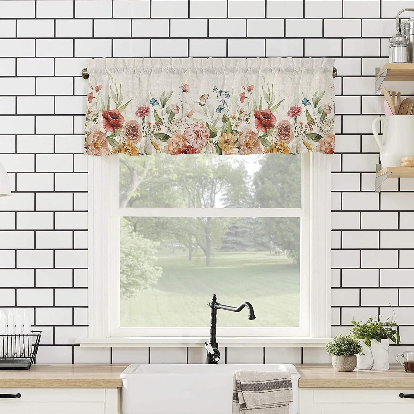 Spring Rose Curtain Valances for Windows, Wild Flowers Butterfly Linen Texture Rod Pocket Valance Window Treatments Botanical Short Curtains for Kitchen Bathroom Living Room 54 x 18 Inches, 1 Panel BST220