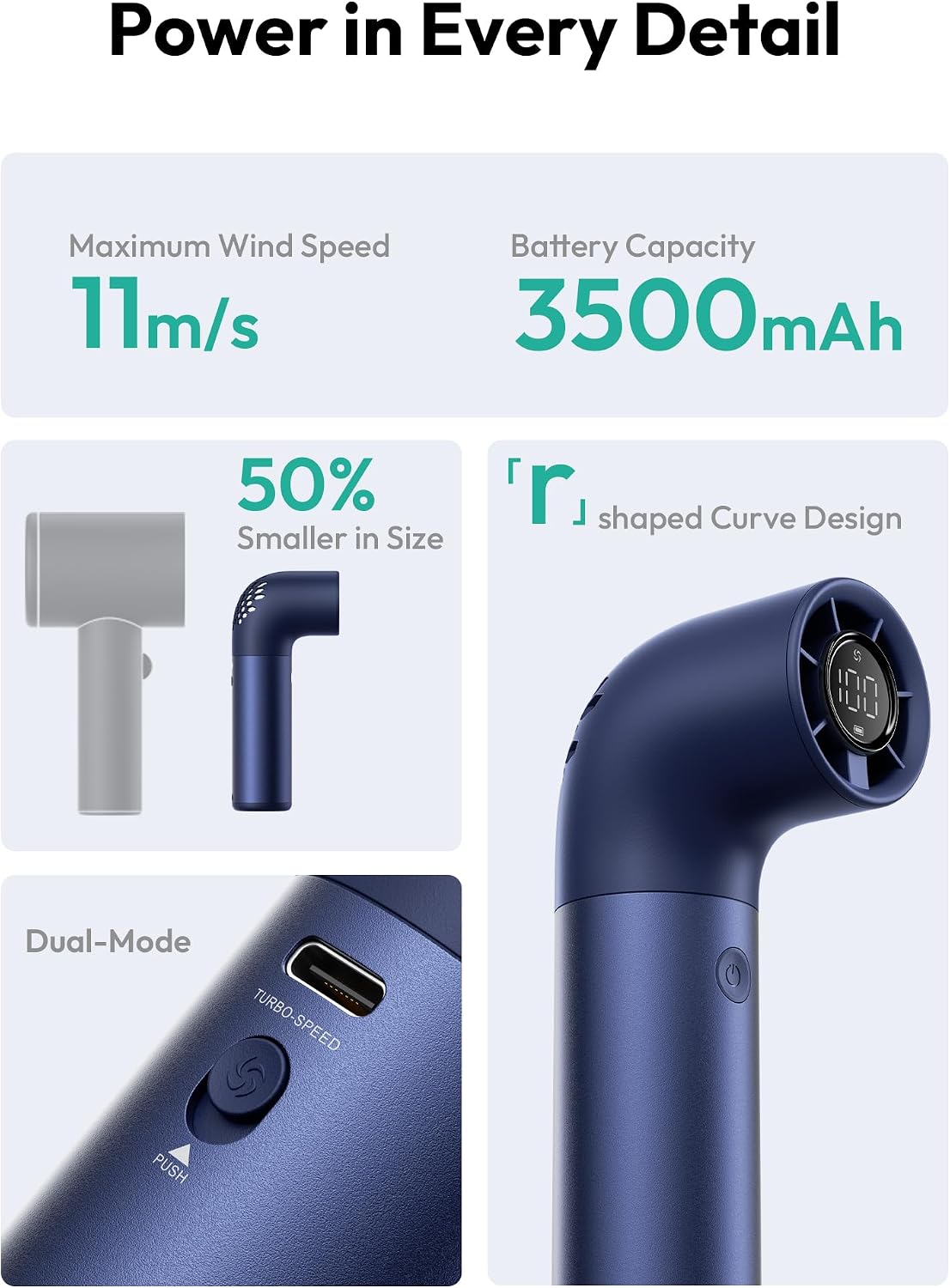 Aecooly Portable Handheld Fan, Powerful Turbo Air Tube Fan, 19000 RPM High Speed Aero Pro, 15H Max Cooling Time, 6 Speeds Aluminum Case, Mini Pocket Design, for Travel Beach Outdoor Activities -Blue WN420